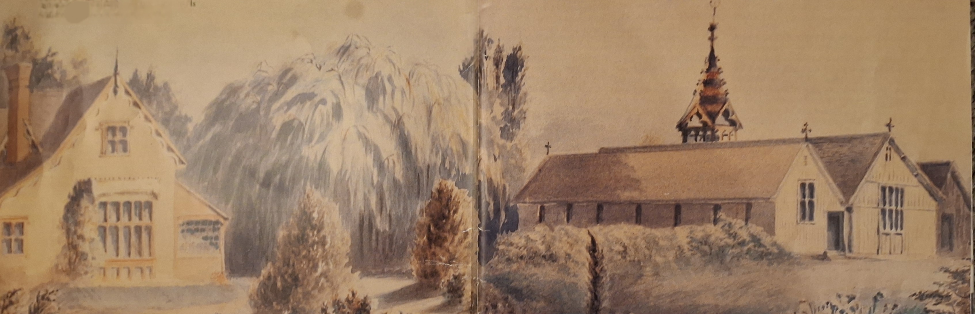 Unnamed watercolour of the Church and Parsonage (late 1860s) owned by the Parish and held by the McDougall Art Gallery.